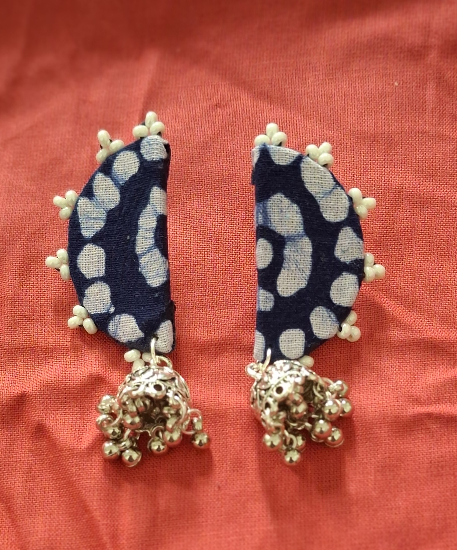 indigo polka fabric jhumka earrings indigo polka fabric jhumka earrings