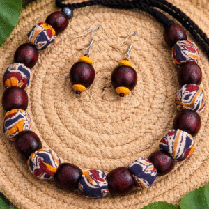 earthy ajrakh beaded necklace set